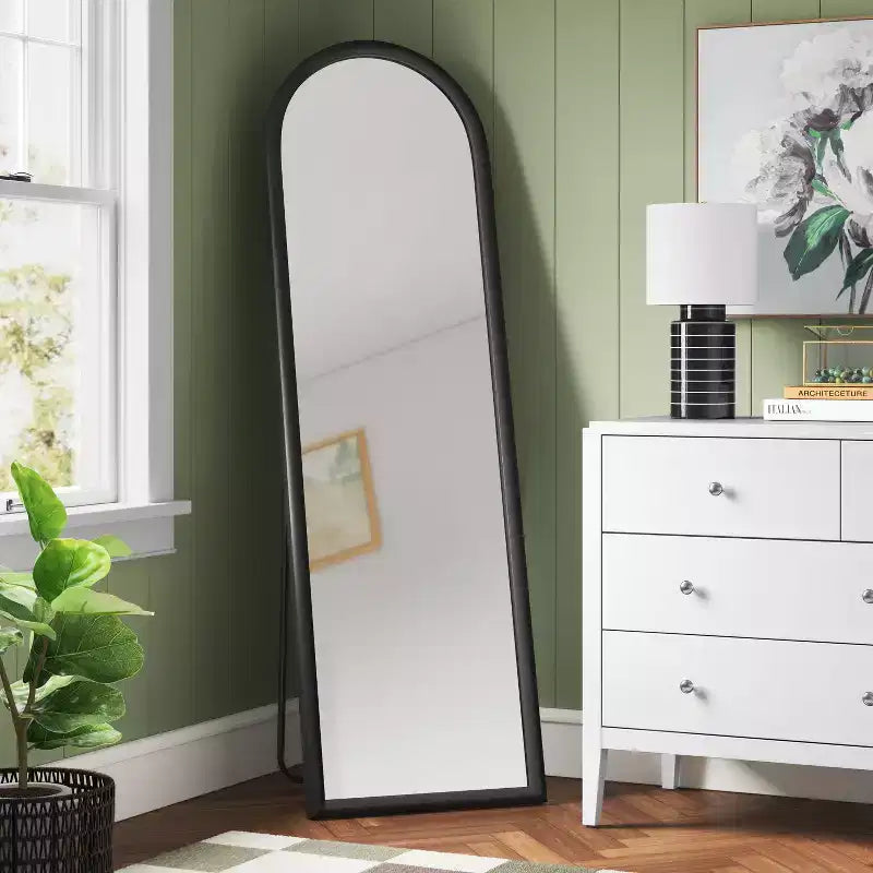 Miroir d'appoint arqué 50x165 cm, noir, avec support chevalet, cadre moderne en polystyrène