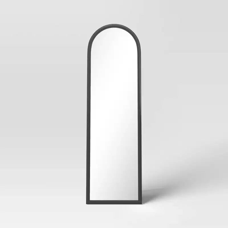 20"x65" Arch Floor Mirror, Black, Easel Back, Modern Polystyrene Frame
