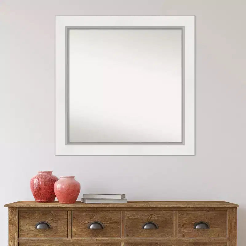 32" x 32" Non-Beveled Eva White Silver Wall Mirror, Modern Square, Includes Mounting Hardware