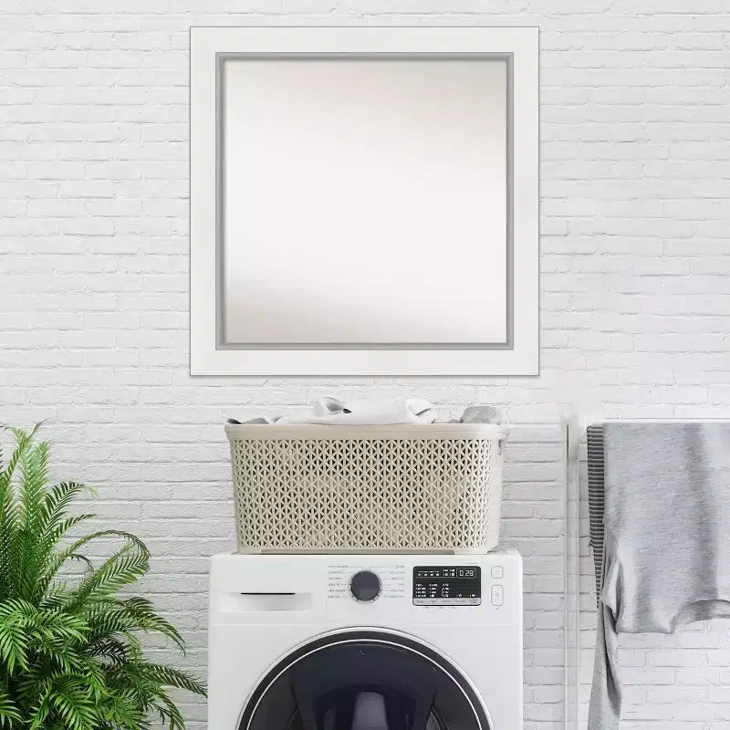 32" x 32" Non-Beveled Eva White Silver Wall Mirror, Modern Square, Includes Mounting Hardware