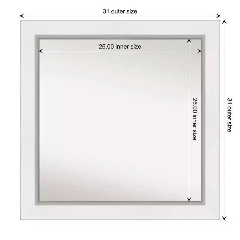 32" x 32" Non-Beveled Eva White Silver Wall Mirror, Modern Square, Includes Mounting Hardware