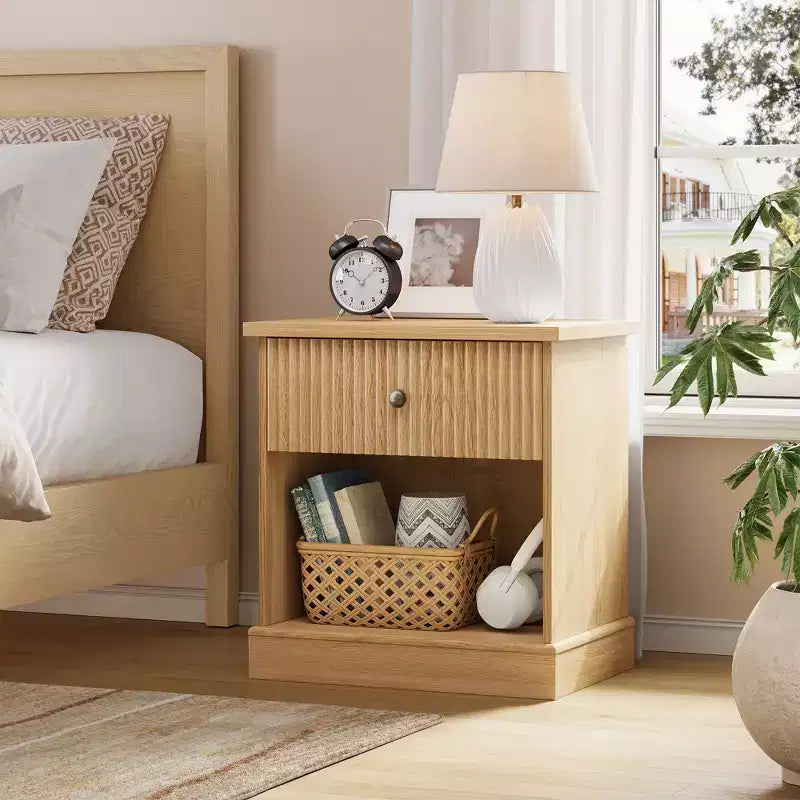 Fluted Nightstand with Drawer, Modern Side Table with Open Shelf, Space-Saving Bedside Table with Curved Base for Bedroom or Living Room
