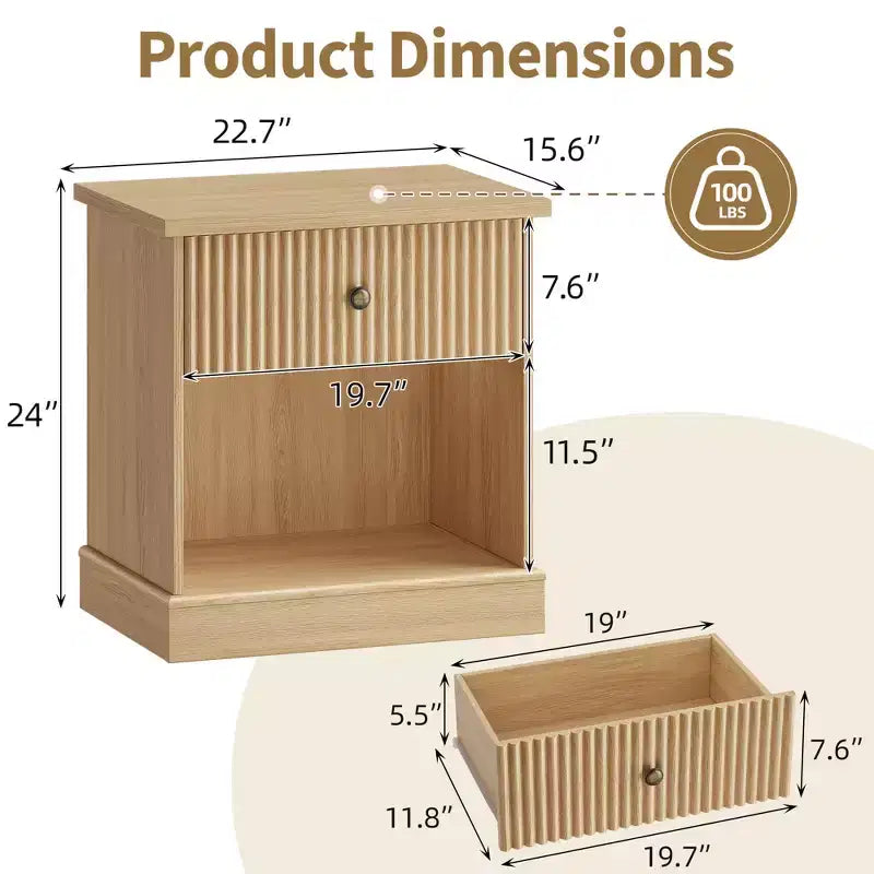 Fluted Nightstand with Drawer, Modern Side Table with Open Shelf, Space-Saving Bedside Table with Curved Base for Bedroom or Living Room