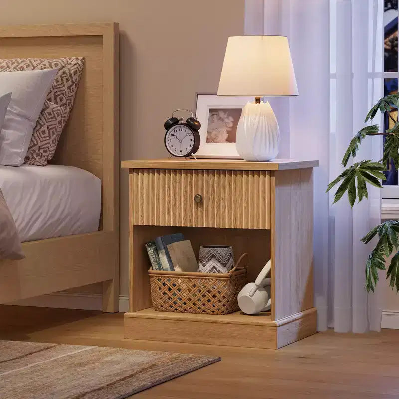 Fluted Nightstand with Drawer, Modern Side Table with Open Shelf, Space-Saving Bedside Table with Curved Base for Bedroom or Living Room