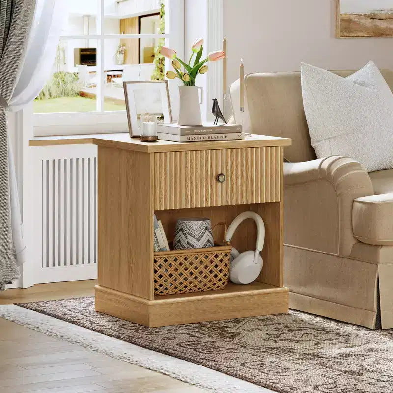 Fluted Nightstand with Drawer, Modern Side Table with Open Shelf, Space-Saving Bedside Table with Curved Base for Bedroom or Living Room