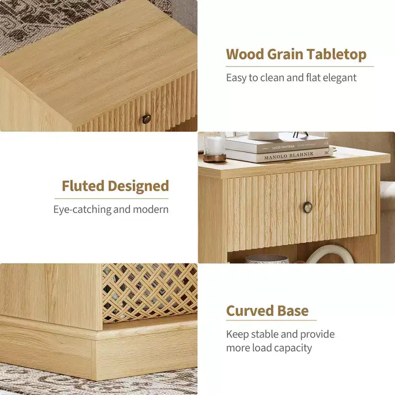 Fluted Nightstand with Drawer, Modern Side Table with Open Shelf, Space-Saving Bedside Table with Curved Base for Bedroom or Living Room
