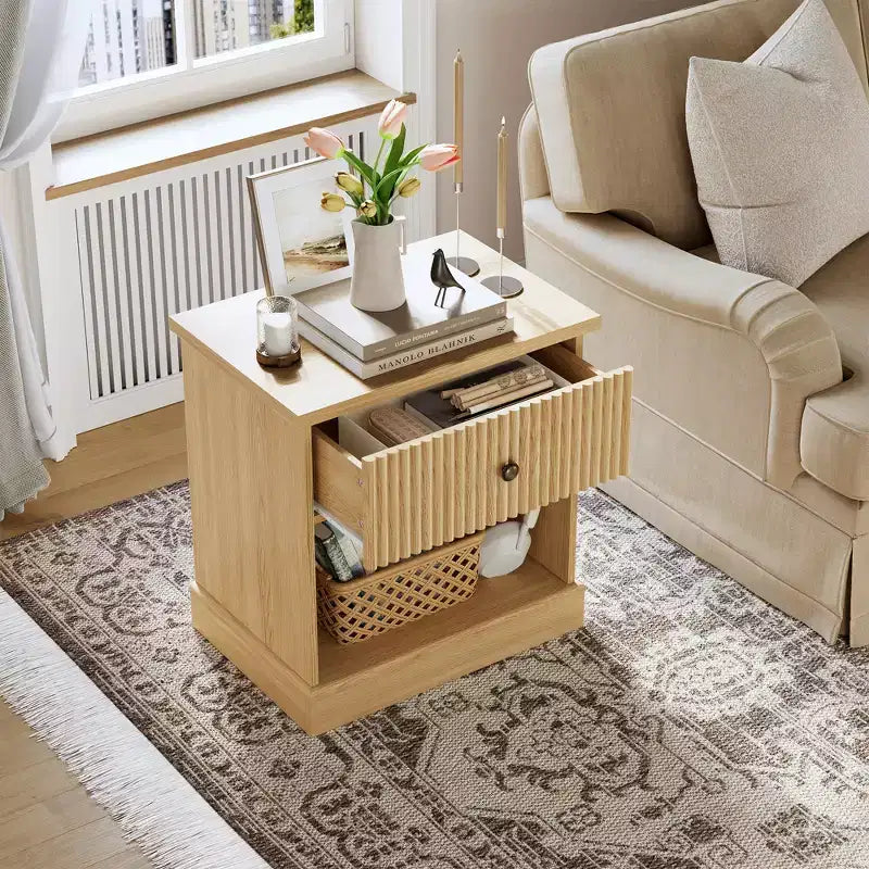 Fluted Nightstand with Drawer, Modern Side Table with Open Shelf, Space-Saving Bedside Table with Curved Base for Bedroom or Living Room