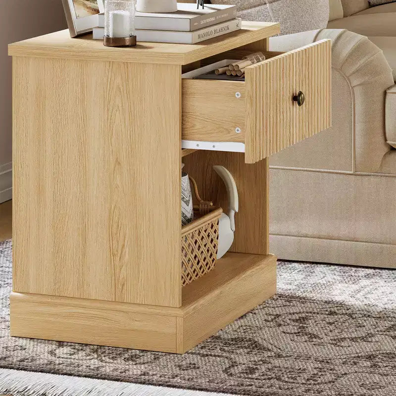 Fluted Nightstand with Drawer, Modern Side Table with Open Shelf, Space-Saving Bedside Table with Curved Base for Bedroom or Living Room