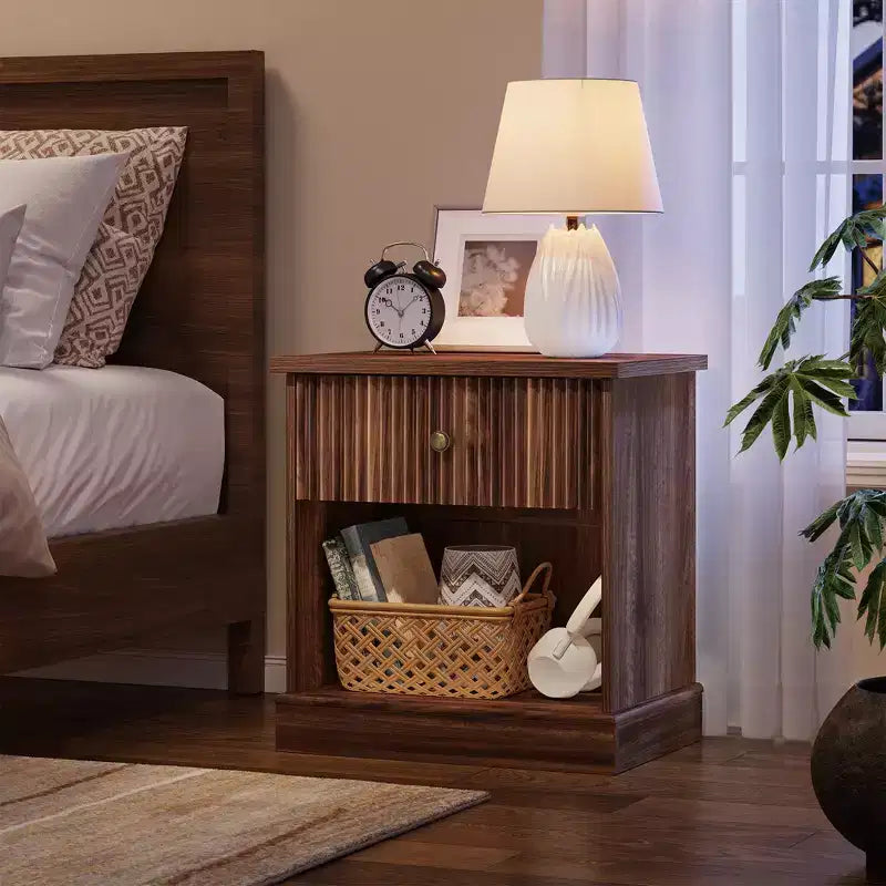 Fluted Nightstand with Drawer, Modern Side Table with Open Shelf, Space-Saving Bedside Table with Curved Base for Bedroom or Living Room