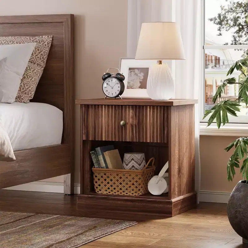 Fluted Nightstand with Drawer, Modern Side Table with Open Shelf, Space-Saving Bedside Table with Curved Base for Bedroom or Living Room
