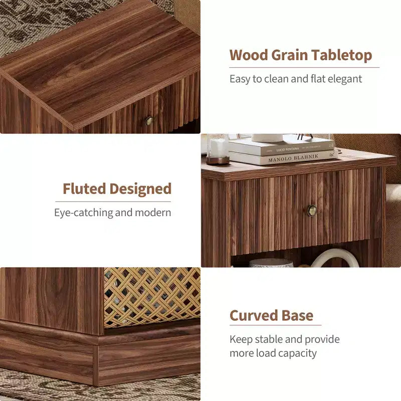 Fluted Nightstand with Drawer, Modern Side Table with Open Shelf, Space-Saving Bedside Table with Curved Base for Bedroom or Living Room
