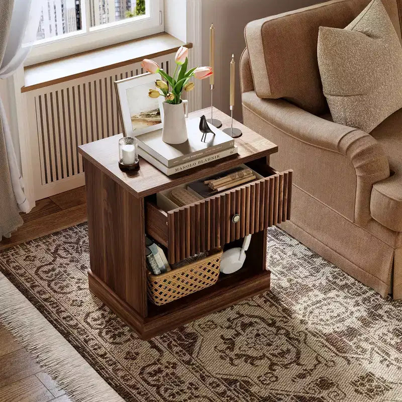Fluted Nightstand with Drawer, Modern Side Table with Open Shelf, Space-Saving Bedside Table with Curved Base for Bedroom or Living Room
