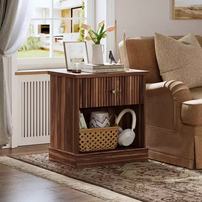 Fluted Nightstand with Drawer, Modern Side Table with Open Shelf, Space-Saving Bedside Table with Curved Base for Bedroom or Living Room