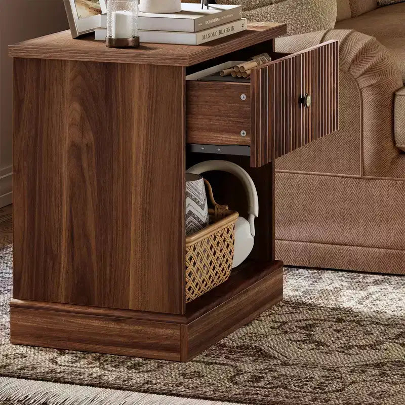 Fluted Nightstand with Drawer, Modern Side Table with Open Shelf, Space-Saving Bedside Table with Curved Base for Bedroom or Living Room