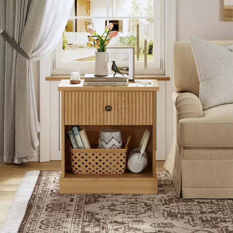 Fluted Nightstand with Drawer, Modern Side Table with Open Shelf, Space-Saving Bedside Table with Curved Base for Bedroom or Living Room