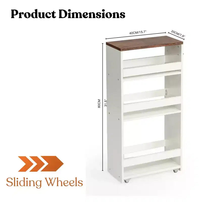 Rolling Storage Cart, Utility Cart on Wheels, 4-Tier Kitchen Cart with Handle, 7.9" W Narrow Cart for Bathroom Laundry Room