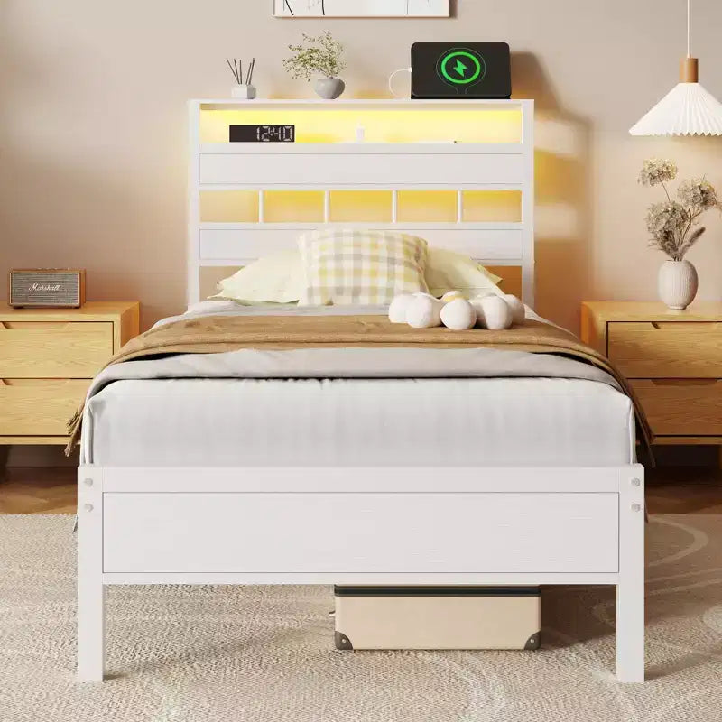 White Twin Platform Bed Frame with Bookcase Storage Headboard LED Lights Charging Station Metal Support No Box Spring Needed Kids Dorm Room