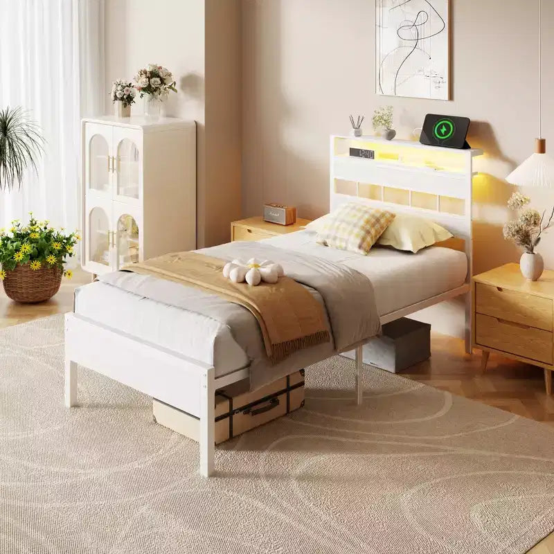 White Twin Platform Bed Frame with Bookcase Storage Headboard LED Lights Charging Station Metal Support No Box Spring Needed Kids Dorm Room