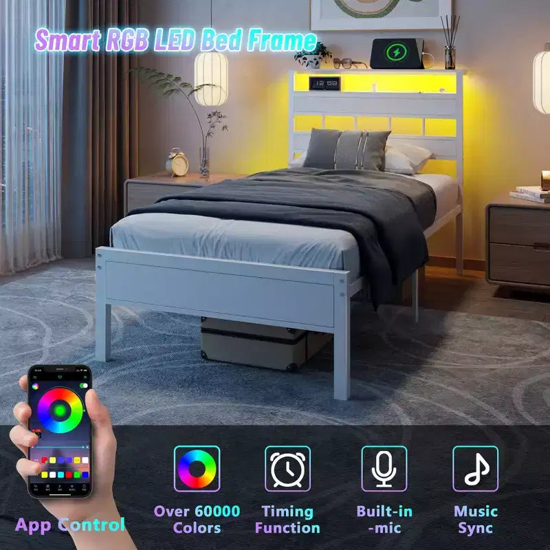 White Twin Platform Bed Frame with Bookcase Storage Headboard LED Lights Charging Station Metal Support No Box Spring Needed Kids Dorm Room