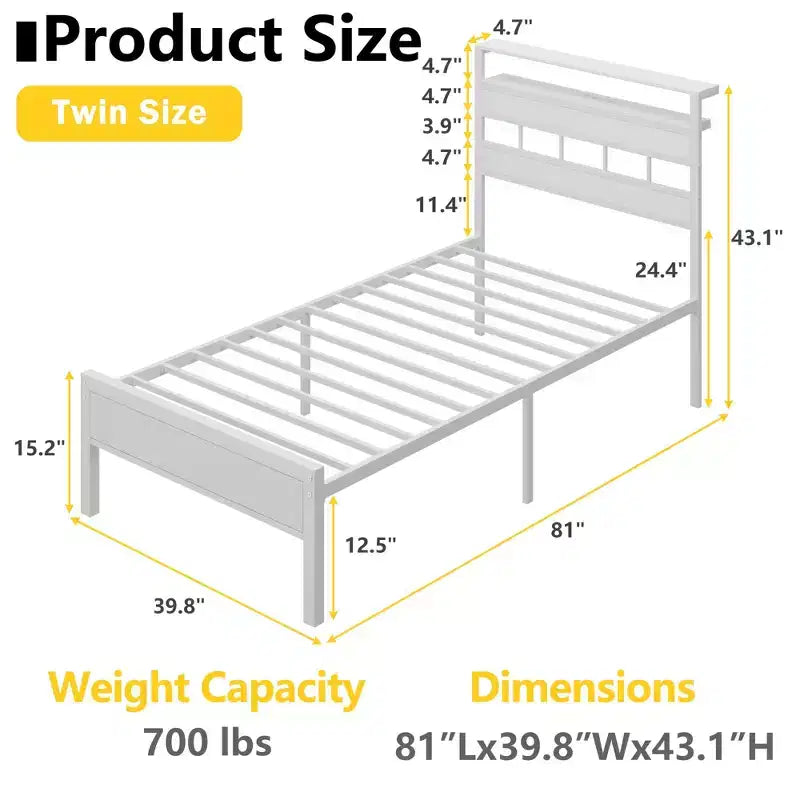 White Twin Platform Bed Frame with Bookcase Storage Headboard LED Lights Charging Station Metal Support No Box Spring Needed Kids Dorm Room