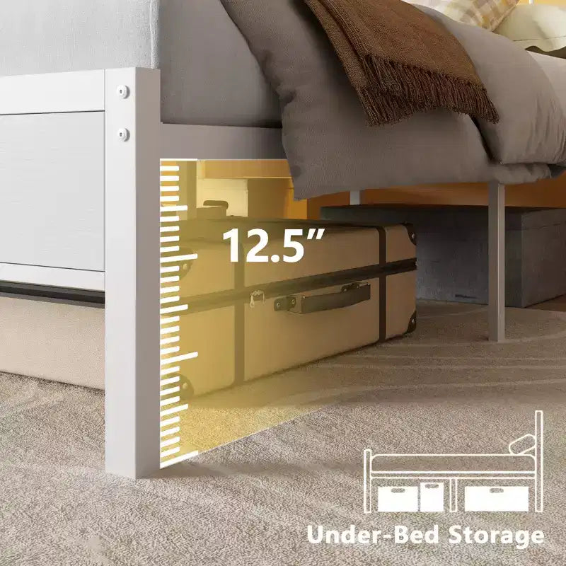 White Twin Platform Bed Frame with Bookcase Storage Headboard LED Lights Charging Station Metal Support No Box Spring Needed Kids Dorm Room