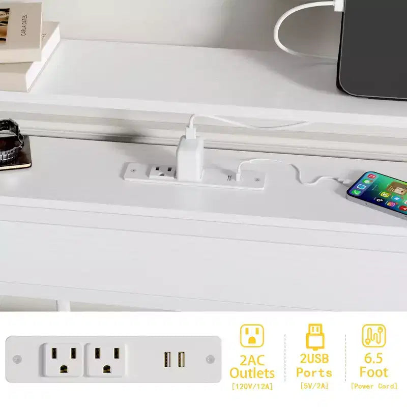 White Twin Platform Bed Frame with Bookcase Storage Headboard LED Lights Charging Station Metal Support No Box Spring Needed Kids Dorm Room