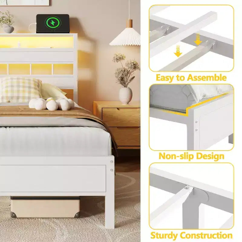 White Twin Platform Bed Frame with Bookcase Storage Headboard LED Lights Charging Station Metal Support No Box Spring Needed Kids Dorm Room