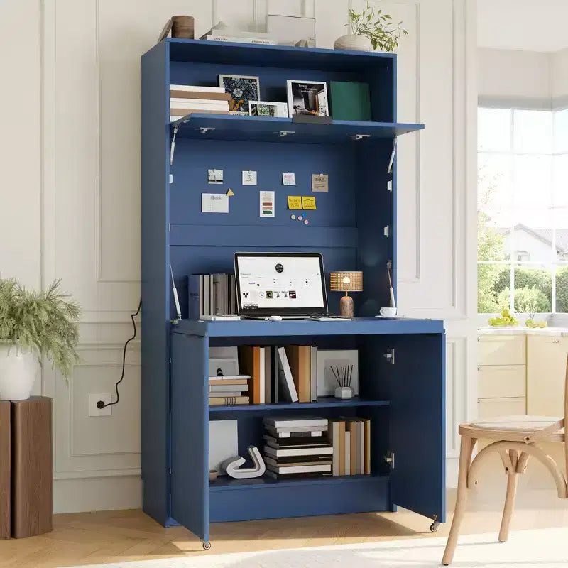 Versatile Kitchen Pantry with Hutch, Foldable Workstation and Power Outlet