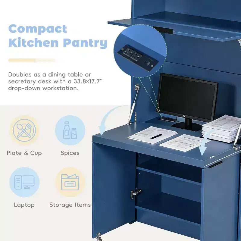 Versatile Kitchen Pantry with Hutch, Foldable Workstation and Power Outlet