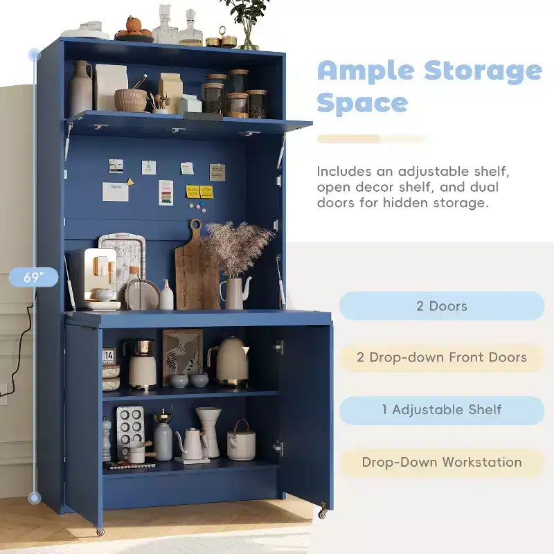 Versatile Kitchen Pantry with Hutch, Foldable Workstation and Power Outlet