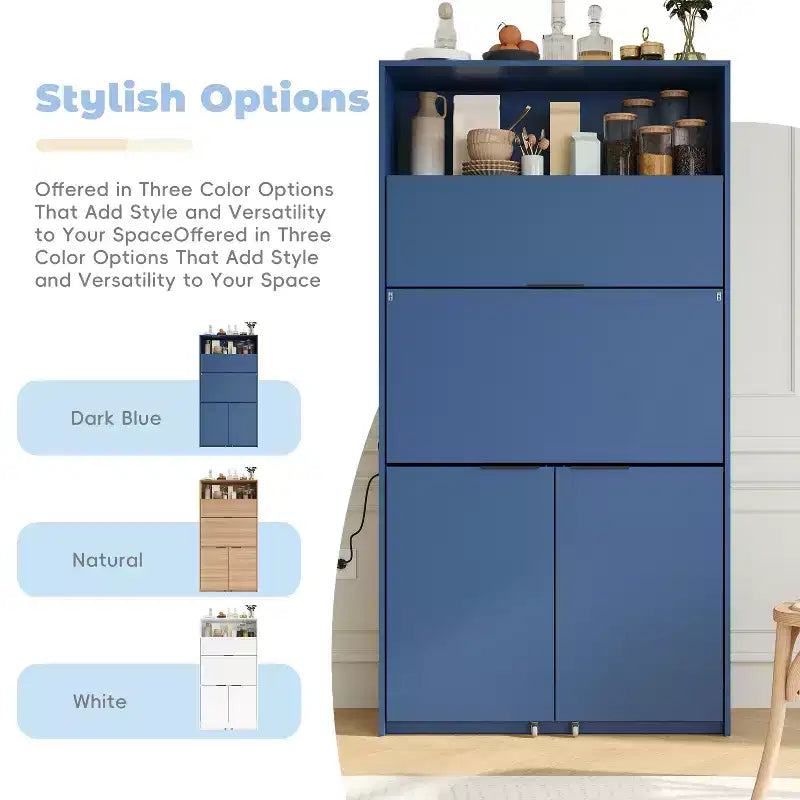 Versatile Kitchen Pantry with Hutch, Foldable Workstation and Power Outlet