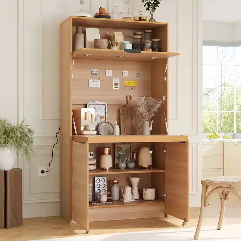 Versatile Kitchen Pantry with Hutch, Foldable Workstation and Power Outlet