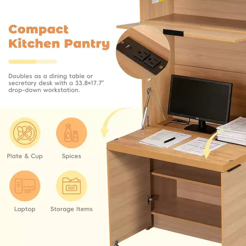 Versatile Kitchen Pantry with Hutch, Foldable Workstation and Power Outlet
