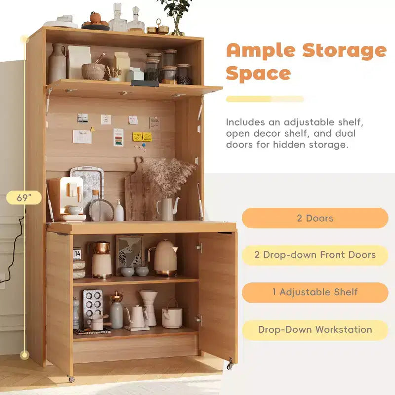 Versatile Kitchen Pantry with Hutch, Foldable Workstation and Power Outlet