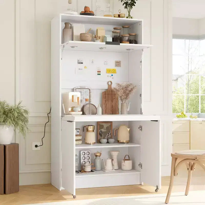 Versatile Kitchen Pantry with Hutch, Foldable Workstation and Power Outlet