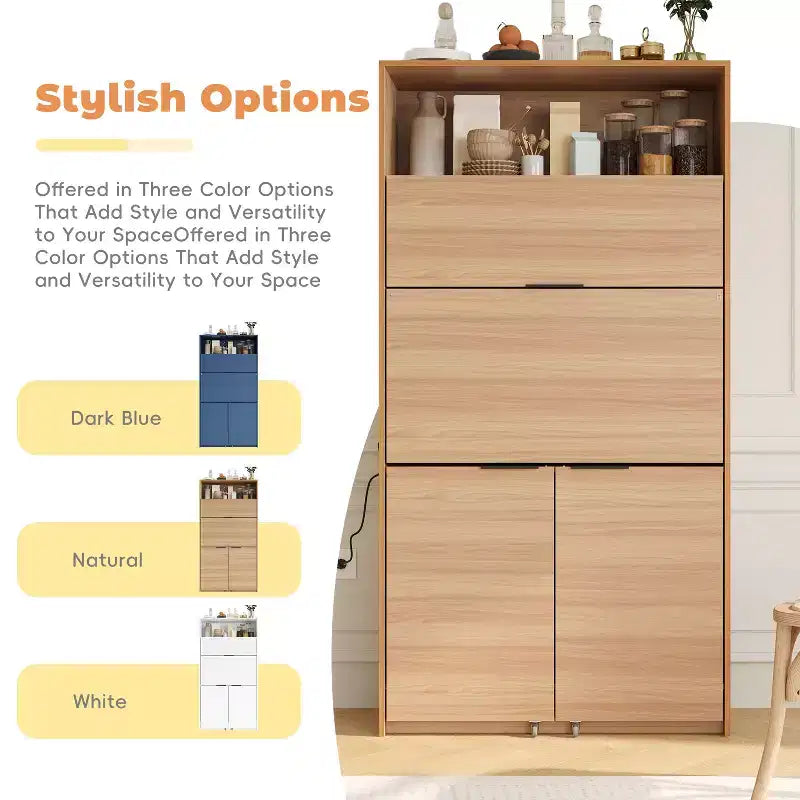 Versatile Kitchen Pantry with Hutch, Foldable Workstation and Power Outlet
