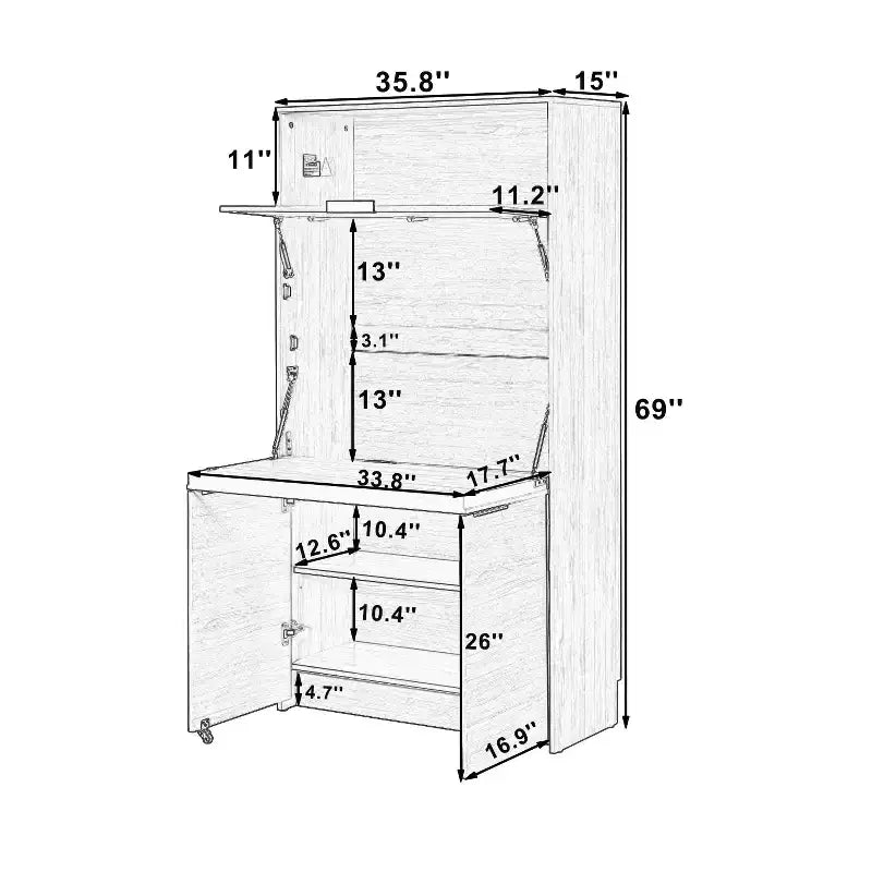 Versatile Kitchen Pantry with Hutch, Foldable Workstation and Power Outlet