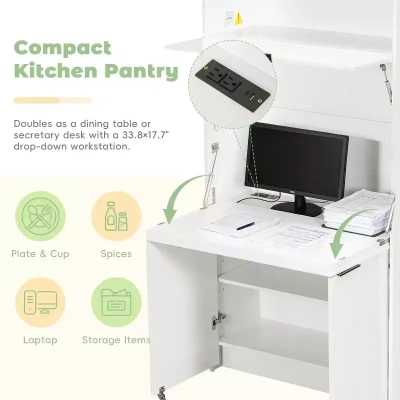 Versatile Kitchen Pantry with Hutch, Foldable Workstation and Power Outlet