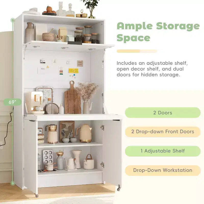 Versatile Kitchen Pantry with Hutch, Foldable Workstation and Power Outlet