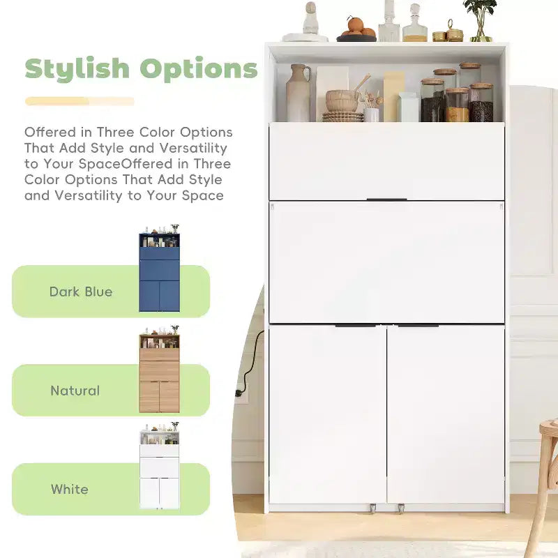 Versatile Kitchen Pantry with Hutch, Foldable Workstation and Power Outlet