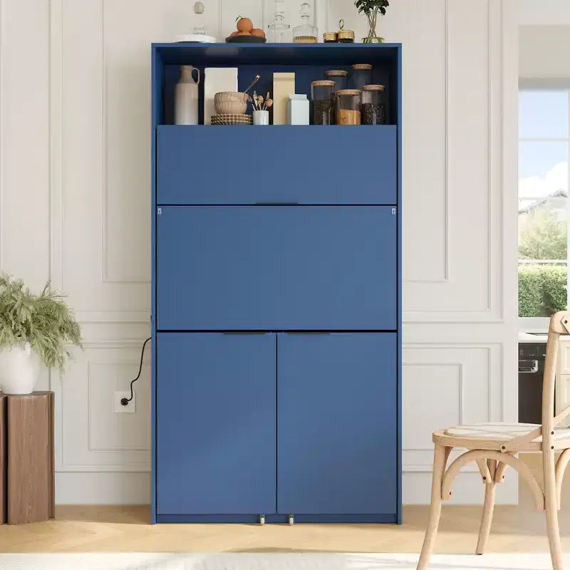 Versatile Kitchen Pantry with Hutch, Foldable Workstation and Power Outlet