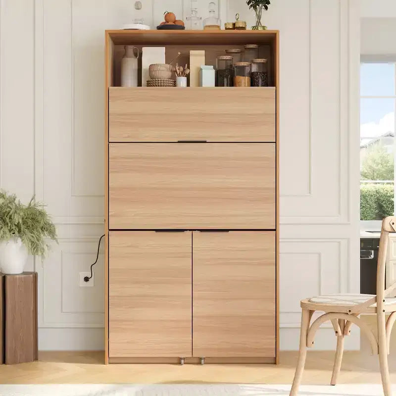 Versatile Kitchen Pantry with Hutch, Foldable Workstation and Power Outlet
