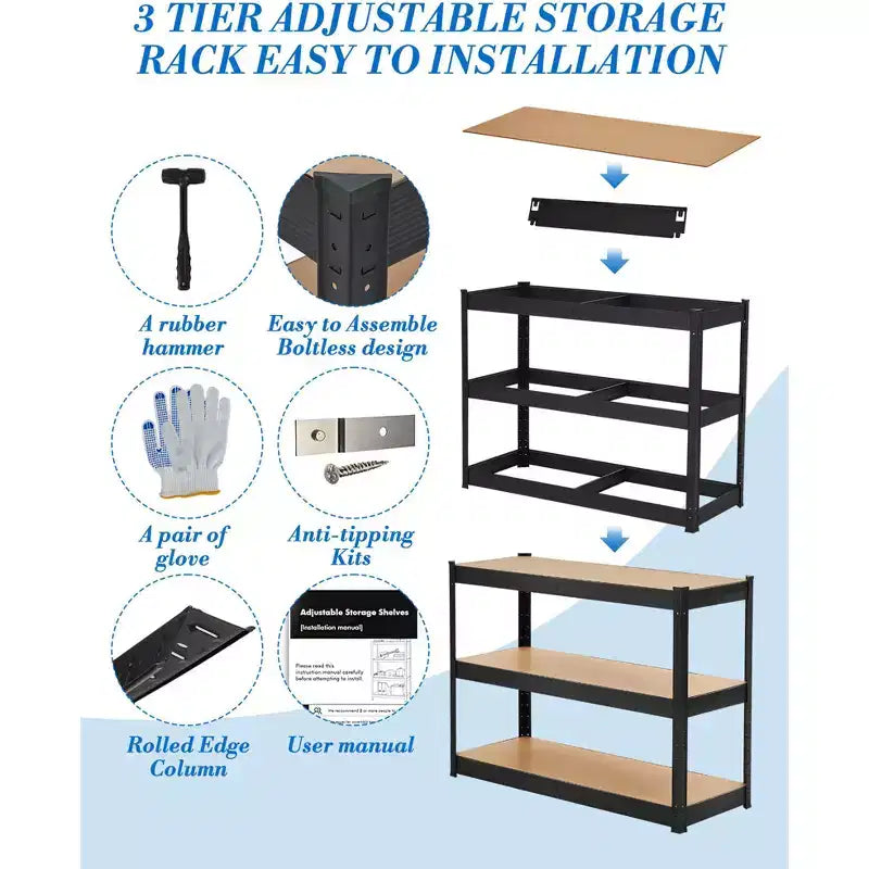 Heavy Duty Garage Shelving Units, 3-Tier Adjustable Storage Shelves, Loads 1320 LBS, Garage Storage Shelving, Metal Storage Utility Rack Shelf