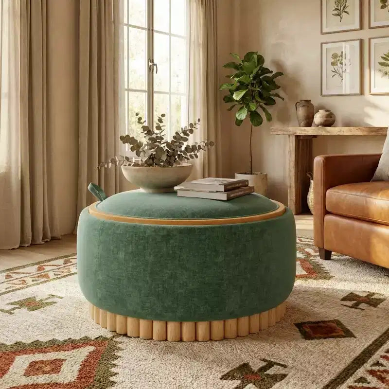 Round Storage Ottoman with Solid Wood Cylinder Base & Reversible Lid
