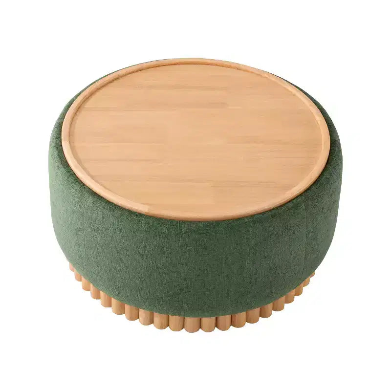 Round Storage Ottoman with Solid Wood Cylinder Base & Reversible Lid