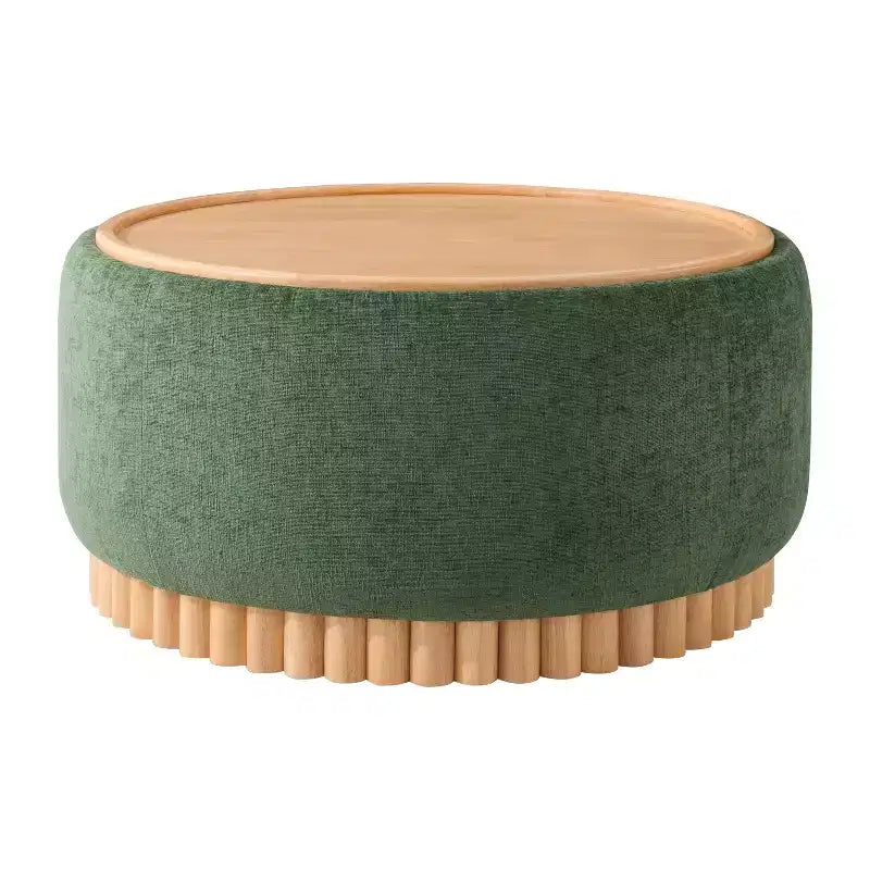 Round Storage Ottoman with Solid Wood Cylinder Base & Reversible Lid