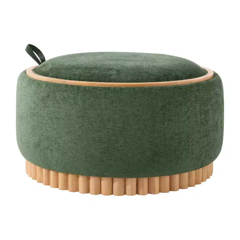 Round Storage Ottoman with Solid Wood Cylinder Base & Reversible Lid
