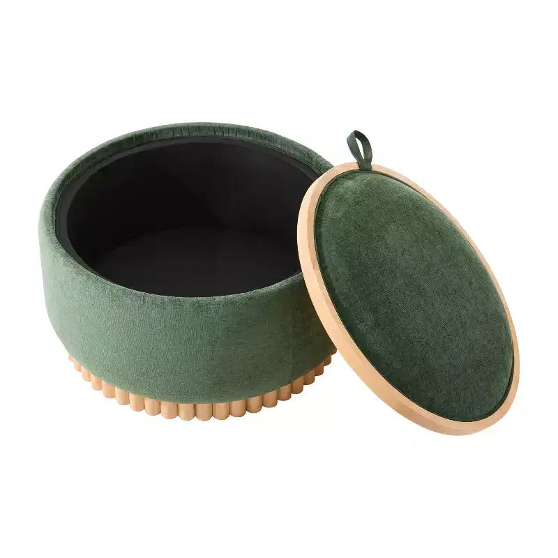 Round Storage Ottoman with Solid Wood Cylinder Base & Reversible Lid