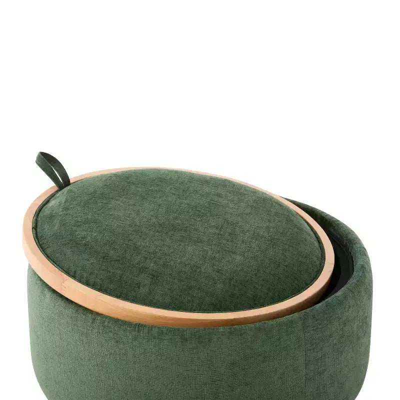 Round Storage Ottoman with Solid Wood Cylinder Base & Reversible Lid
