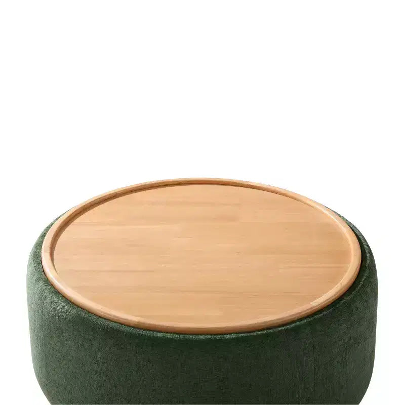 Round Storage Ottoman with Solid Wood Cylinder Base & Reversible Lid